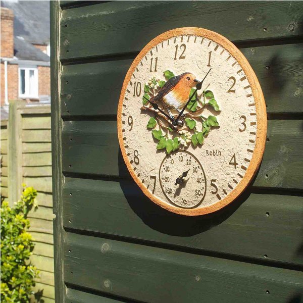 Outside In Designs Robin Wall Clock & Thermometer 12in