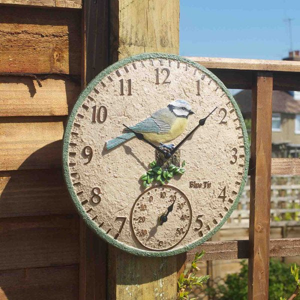 Outside In Designs Blue Tit Wall Clock & Thermometer 12in