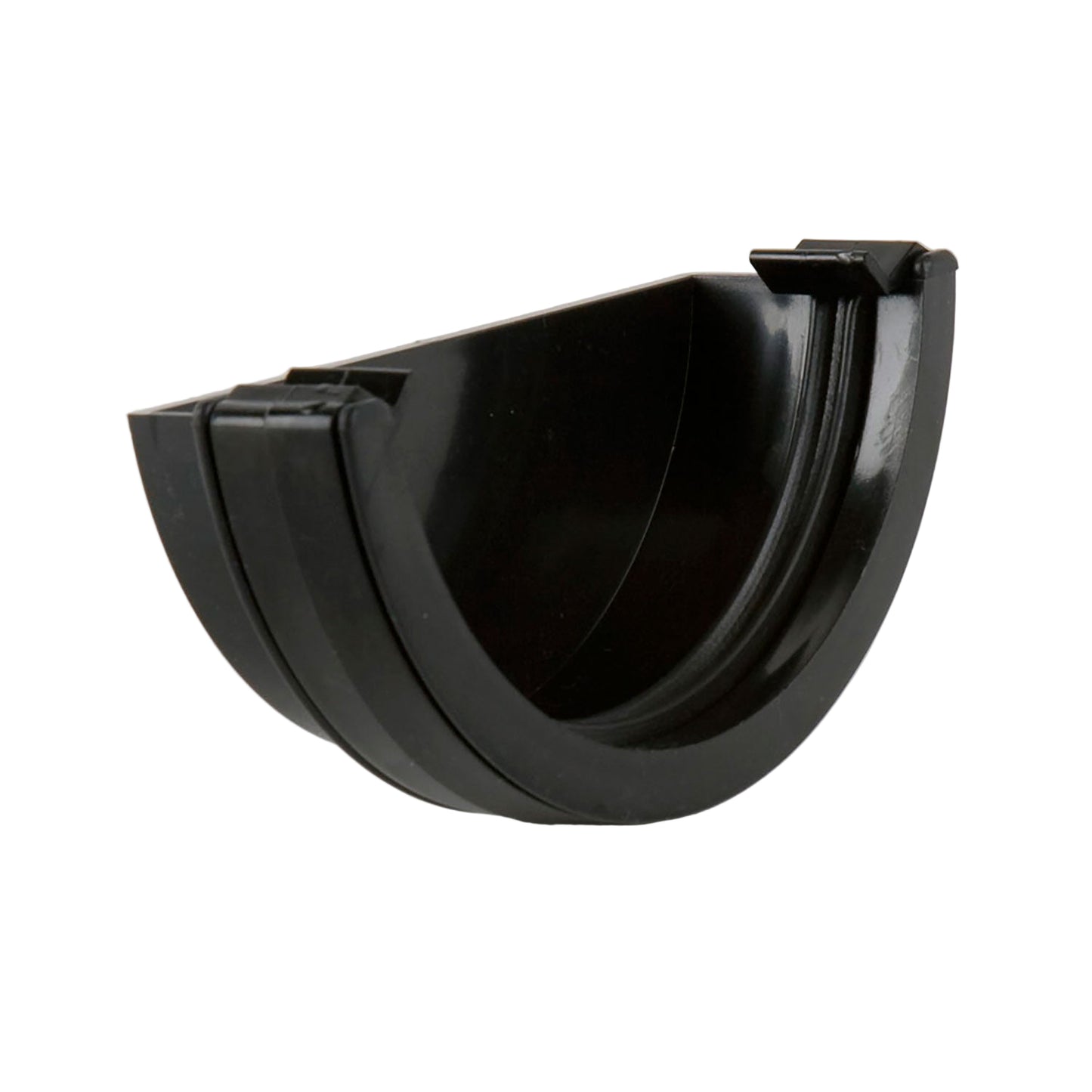 Black Brett Martin Roundstyle External Stopend for guttering, displayed on a white background