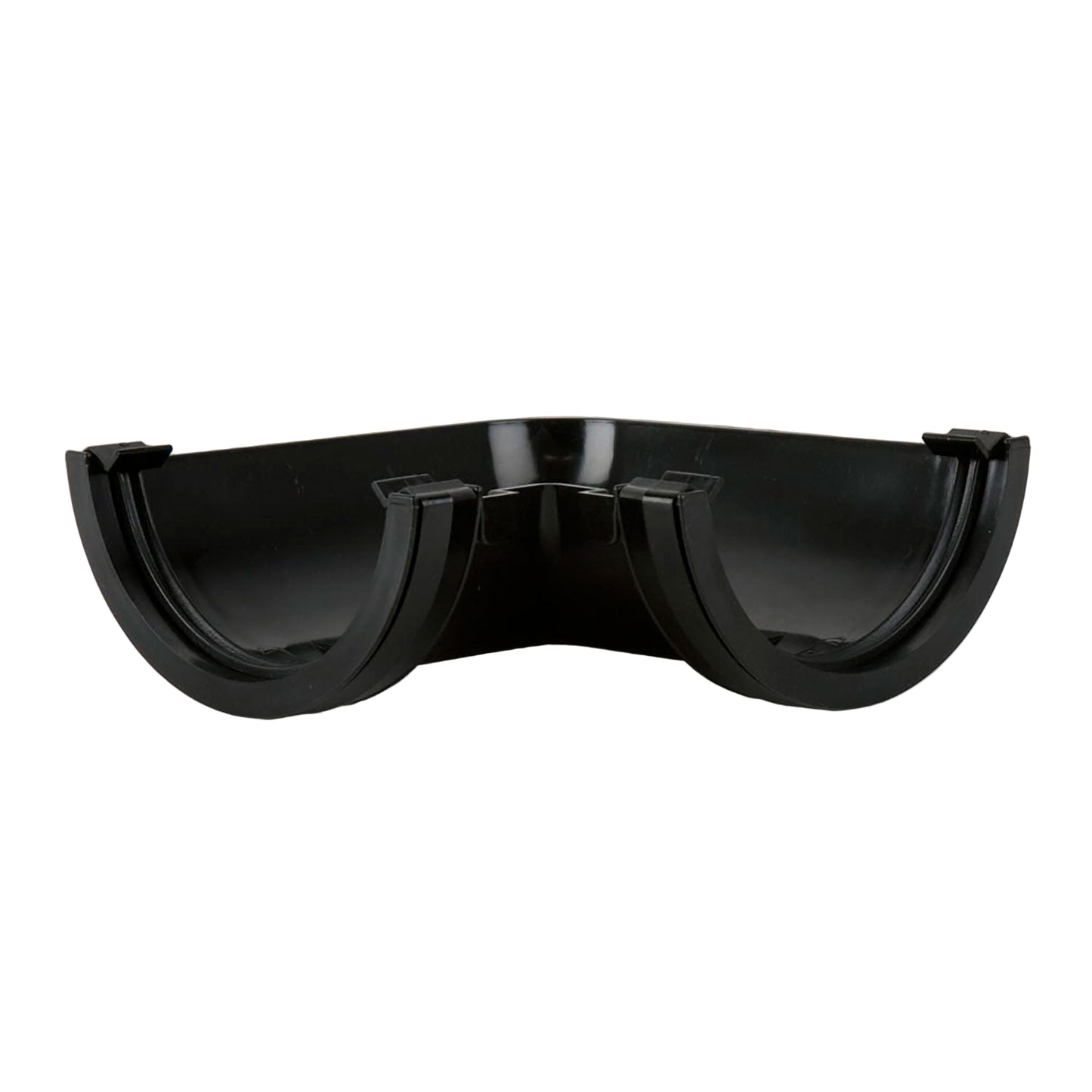 A black Brett Martin Roundstyle 90 degree gutter joint angle with sealing rubber and clips.