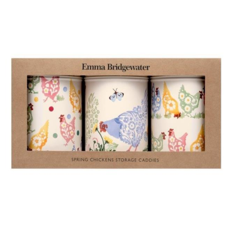 Emma Bridgewater Polka Chickens Set of 3 Round Tin Caddies Boxed