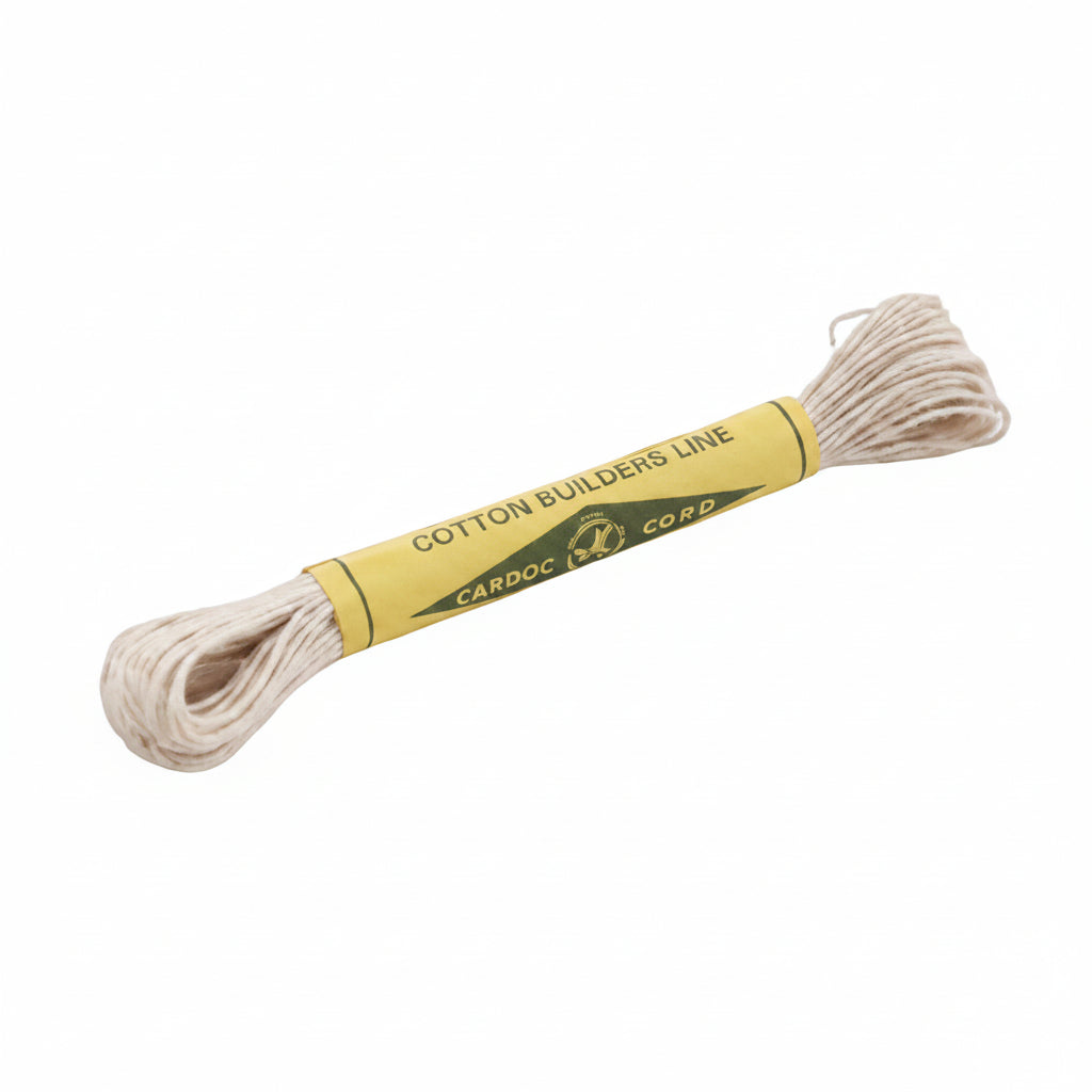 A roll of Cardoc cotton chalk line, primarily beige in color, wrapped in a yellow label with brand details.
