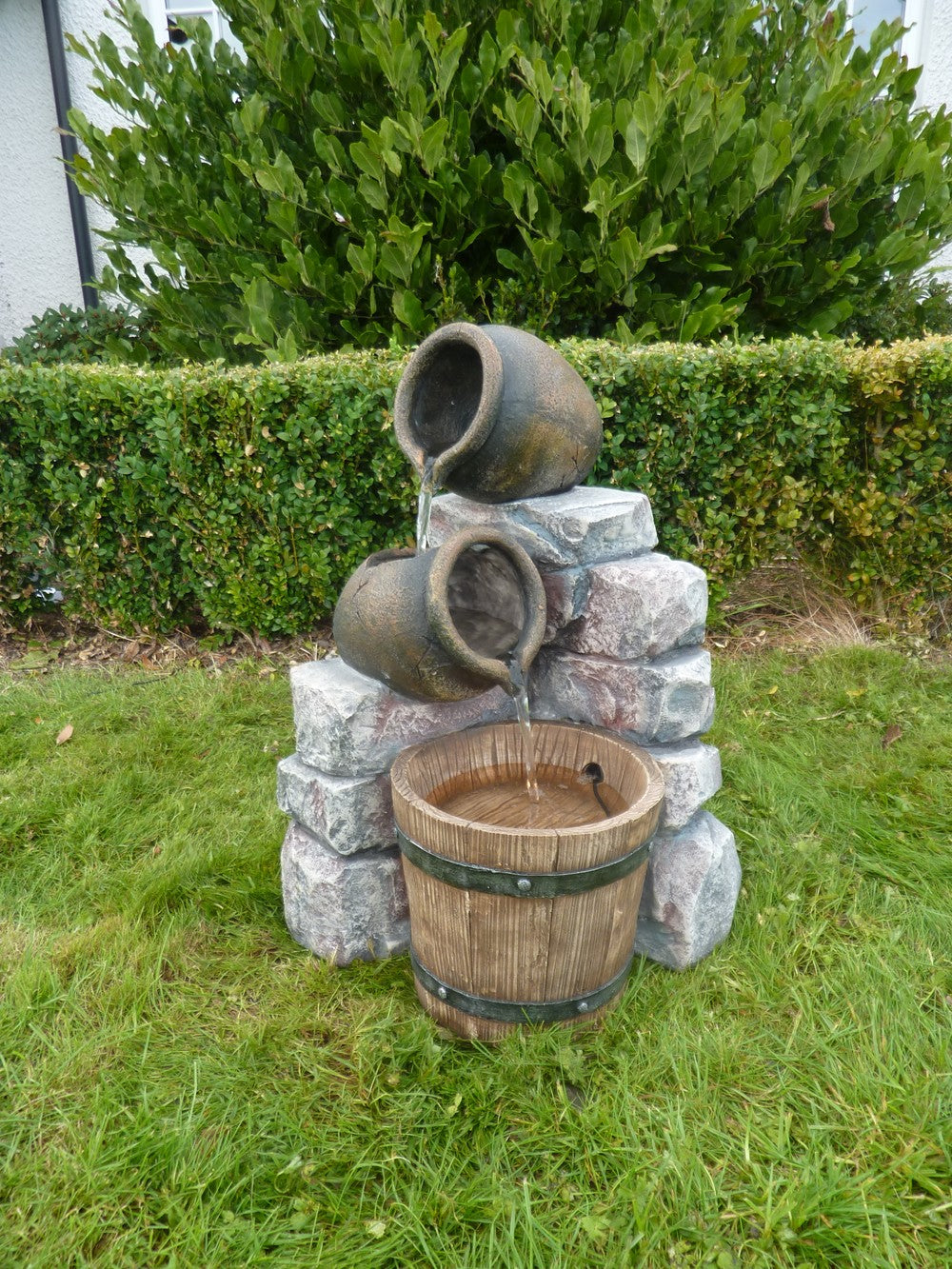 Aqua Creations Medium 2 Pots & Wooden Barrel Water Feature With Lights