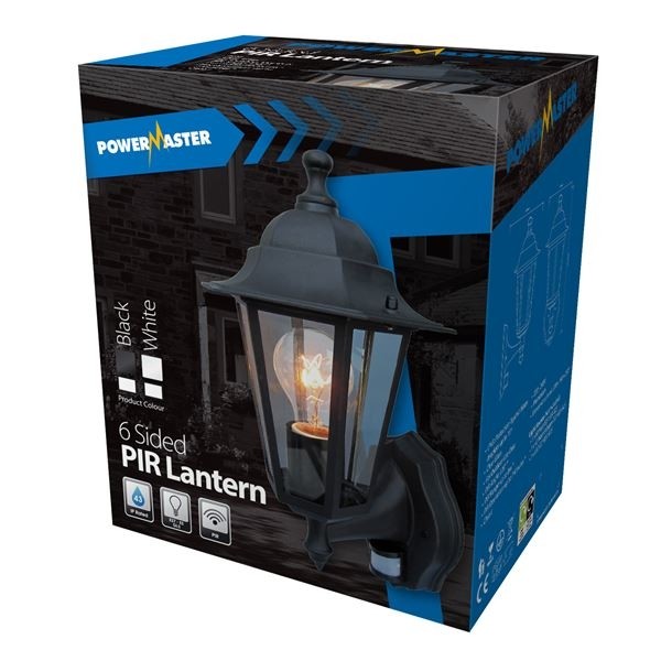 Powermaster 6 Sided Black Wall Lantern c/w PIR