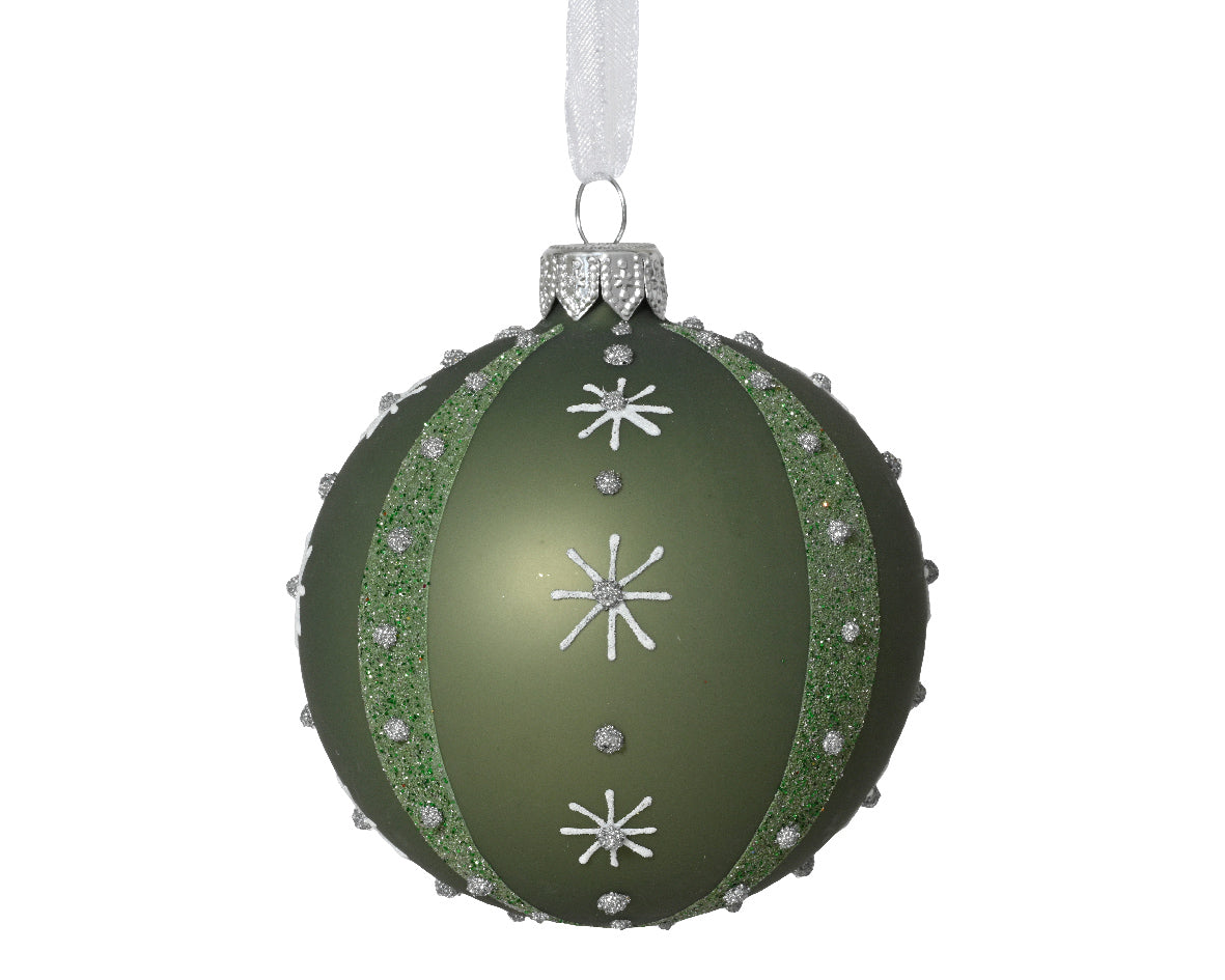 Kaemingk - Bauble glass matt vertical lines and snowflakes - rosemary green - Butterfly tag