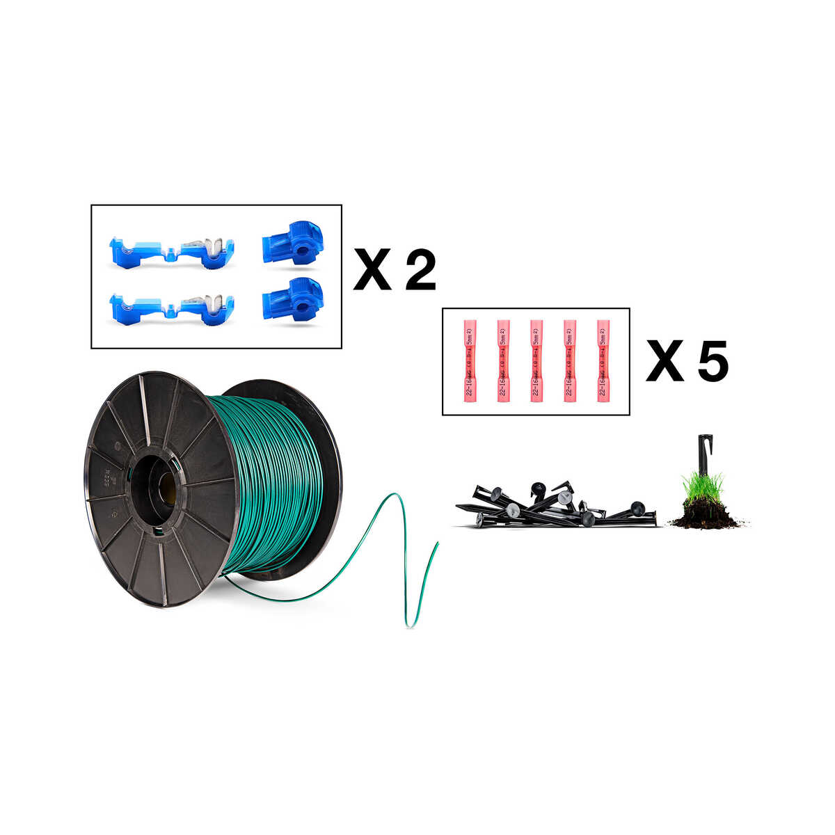 Honda Miimo robotic lawnmower installation kit featuring perimeter wire coil, securing pegs, and wire connectors.
