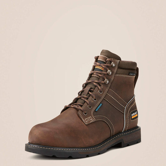 Ariat Groundbreaker 6 inch Lace Steel Toe Waterproof Work Boot in durable leather, featuring a rugged slip resisting Duratread outsole.