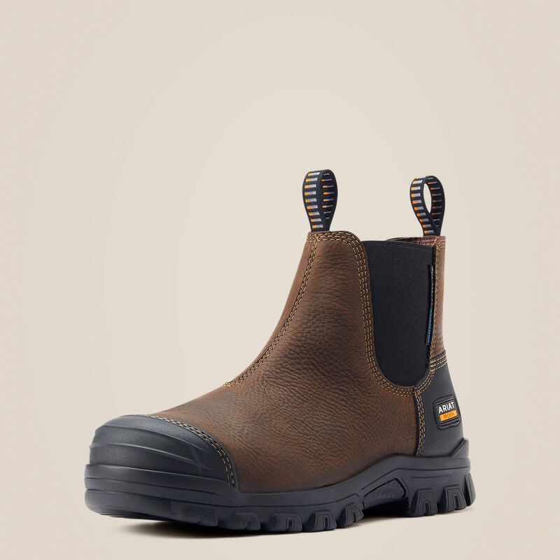 Ariat Treadfast Chelsea Waterproof Steel Toe Work Boot in full grain leather, featuring a protective ExGuard toe and durable slip resistant sole.