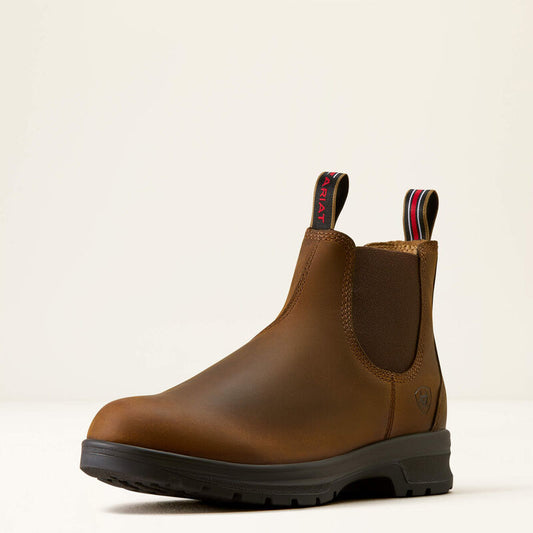Side view of the Ariat Cooper Chelsea Boot in brown water-resistant leather with elastic side panels.