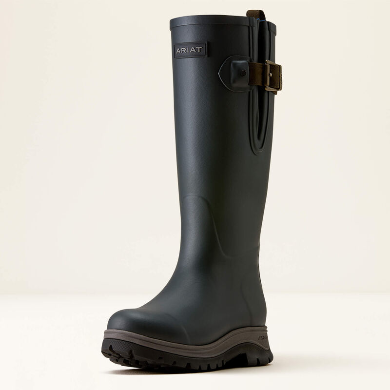 Side view of the Ariat Woodstock Women's Insulated Rubber Boot in waterproof rubber with leather harness detail.