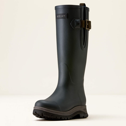 Side view of the Ariat Woodstock Women's Insulated Rubber Boot in waterproof rubber with leather harness detail.