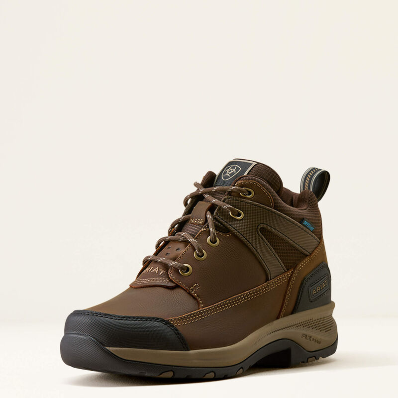 Ariat Terrain Trek Waterproof Boots in a lace-up design, featuring a durable leather upper and a stirrup-friendly riding sole.