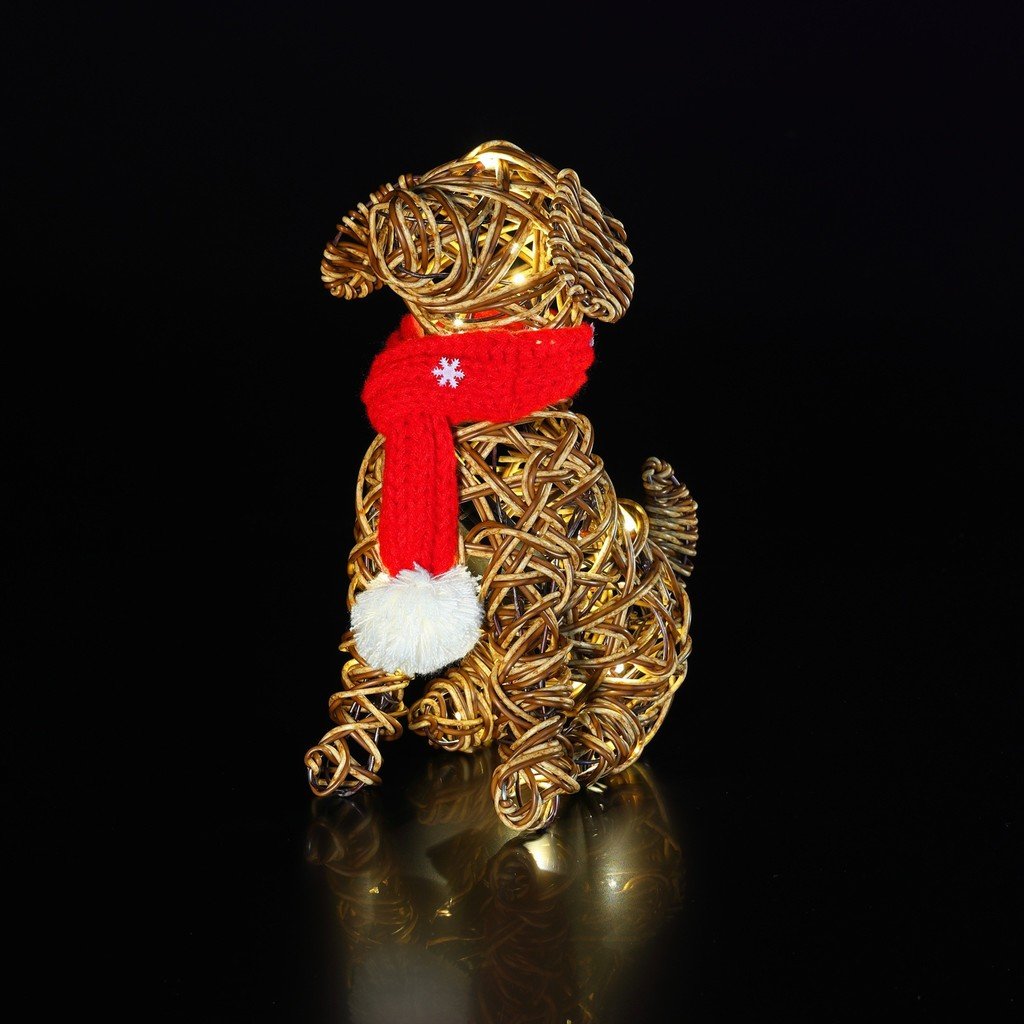 Noma 30cm brown wicker sitting dog Christmas light ornament with 30 warm white LEDs