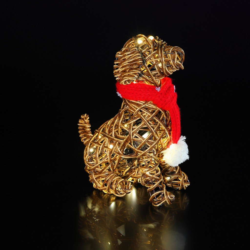 Noma 30cm brown wicker sitting dog Christmas light ornament with 30 warm white LEDs