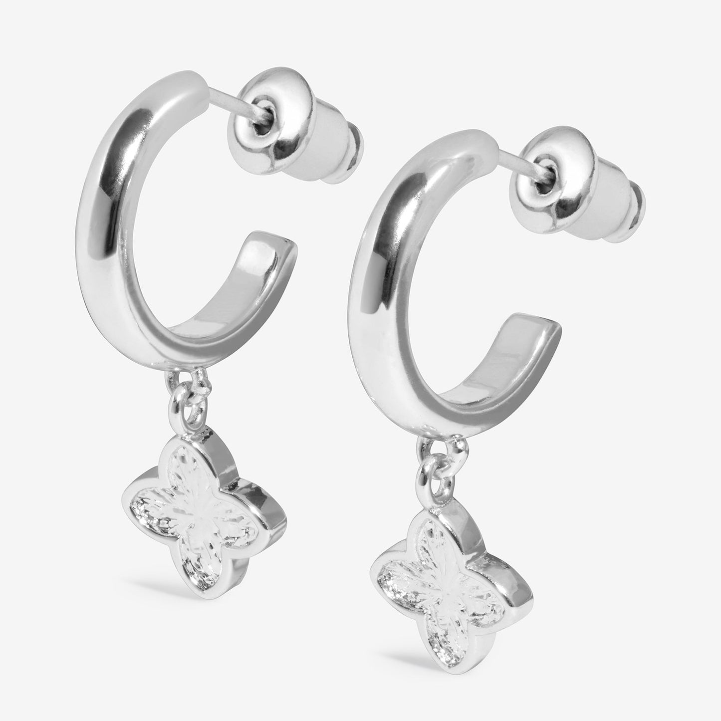 Joma Jewellery Signature Clover Collection Textured Clover Hoop Earrings In Silver Plating