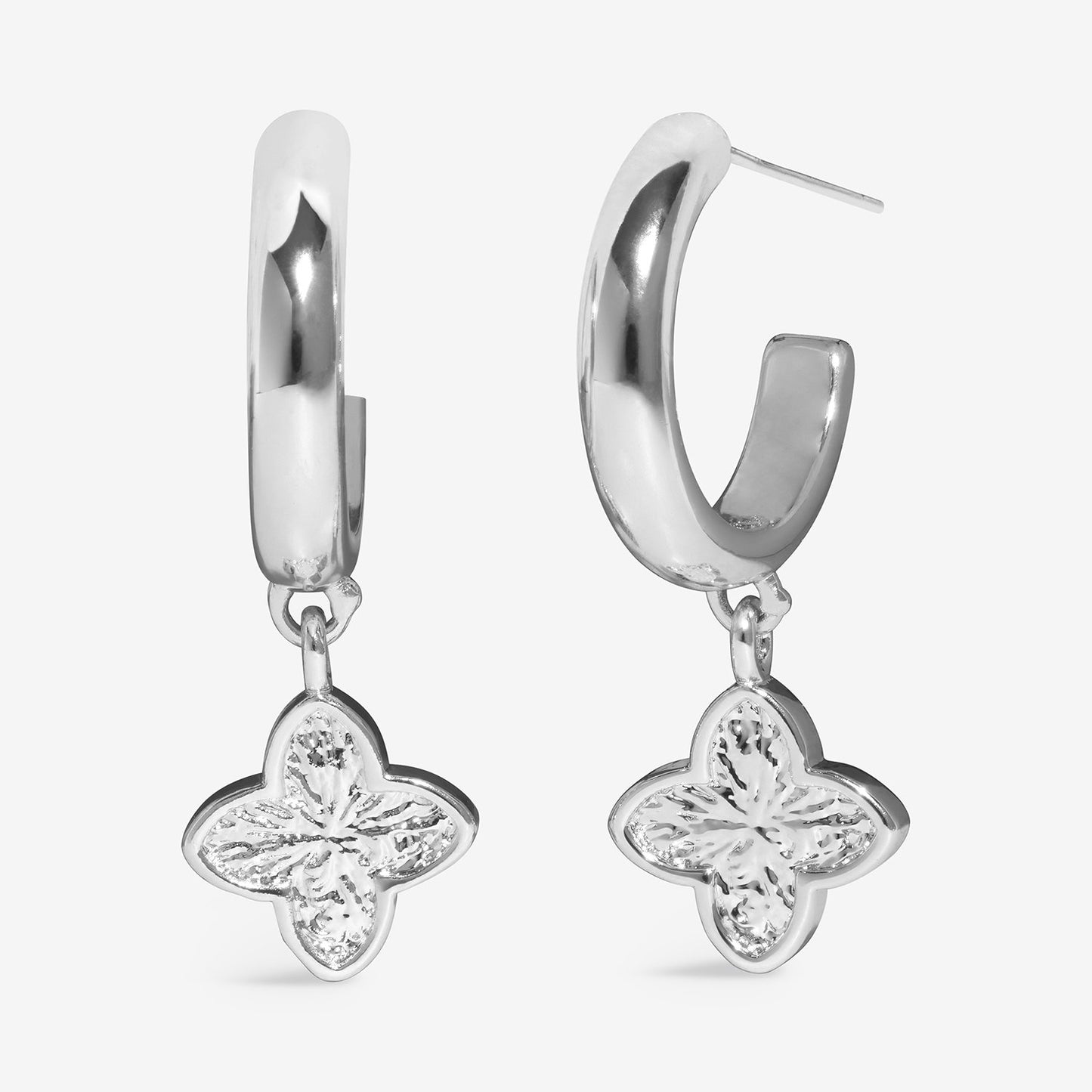 Joma Jewellery Signature Clover Collection Textured Clover Hoop Earrings In Silver Plating