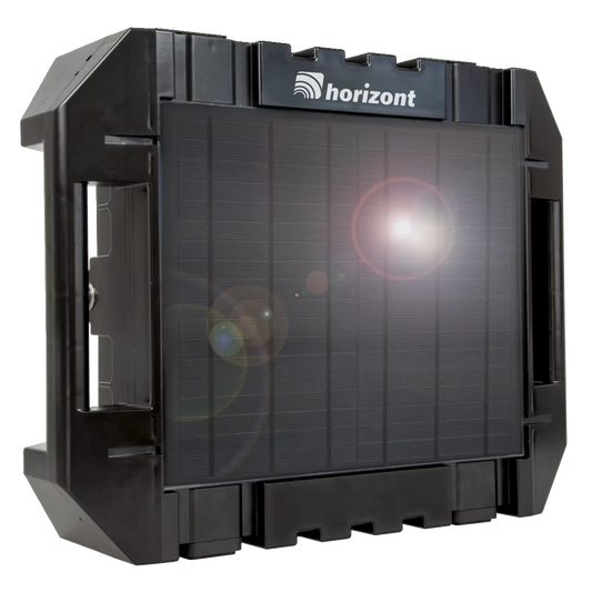 horizont ranger AS1000SC 12V solar electric fence energiser with integrated 15 watt monocrystalline glass solar panel and robust black polycarbonate carry case. -->