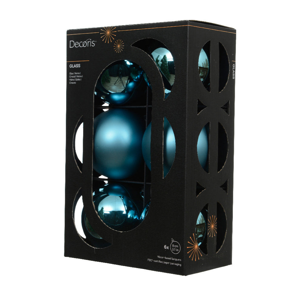Kaemingk - Baubles glass shiny/ matt mix - folk blue - Box a 6