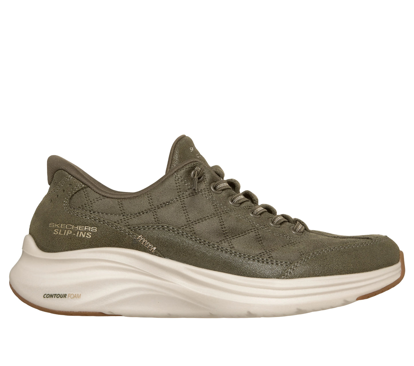 Skechers Hands Free Slip-ins Contour Foam Cozy Fit Natural Ease Trainers in a soft natural tone featuring quilted upper and sparkle suede details
