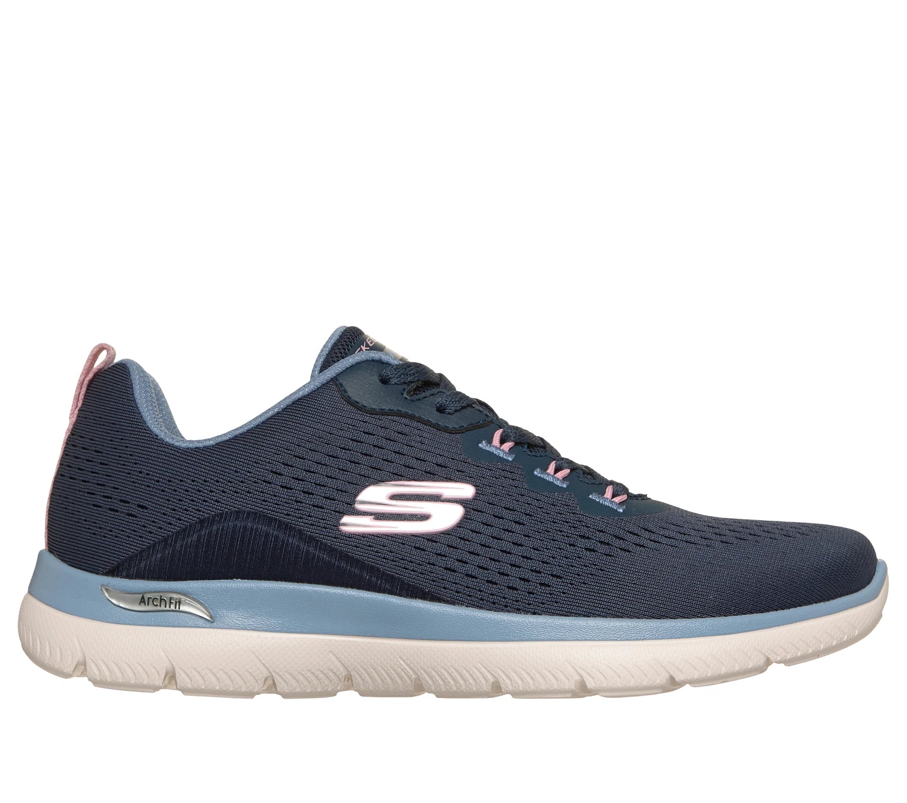 Side view of the Skechers Women's Arch Fit Summits Daily Flow walking shoes with lace-up front and cushioned sole.
