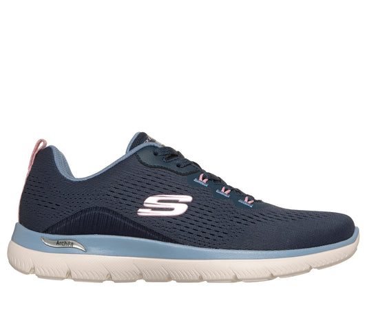 Side view of the Skechers Women's Arch Fit Summits Daily Flow walking shoes with lace-up front and cushioned sole.