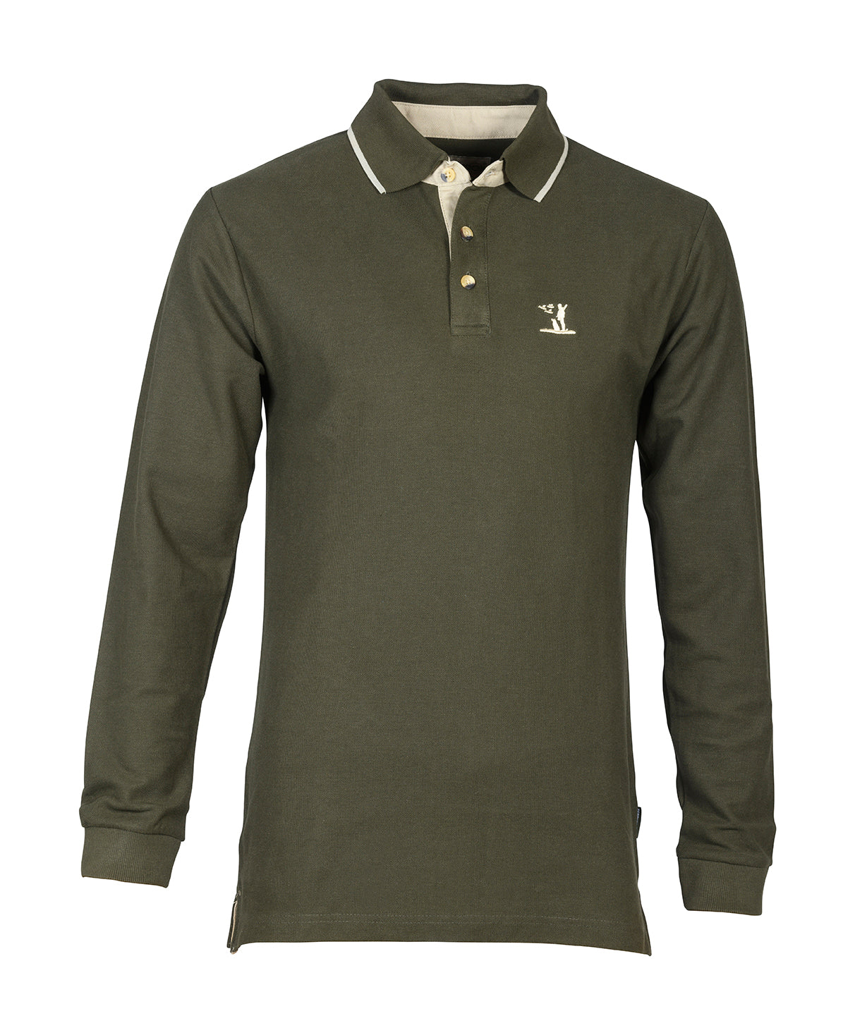 Front view of the Percussion Long-Sleeve Hunting Polo Shirt in solid khaki, displaying the polo collar, button placket, and cotton weave.