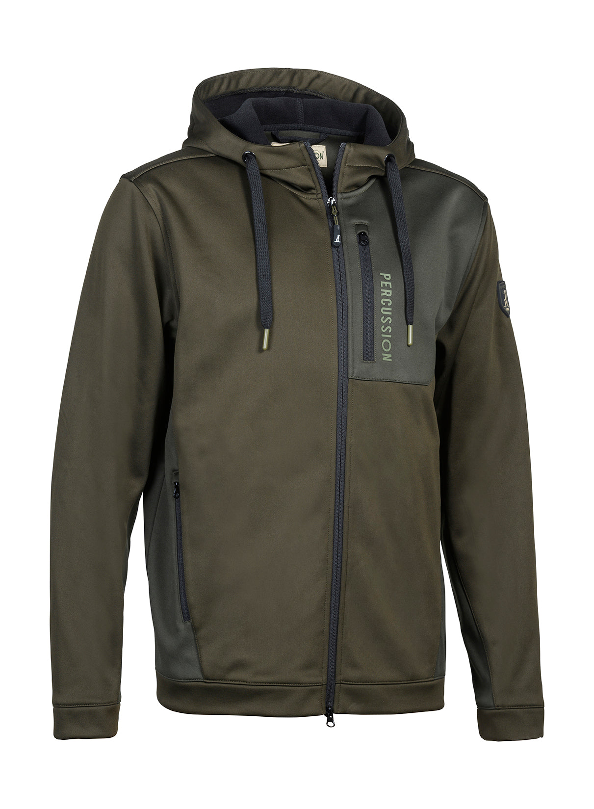 Khaki green Percussion men's zip-up hoodie featuring a full front zip, three zipped pockets, and a brand logo patch on the sleeve.