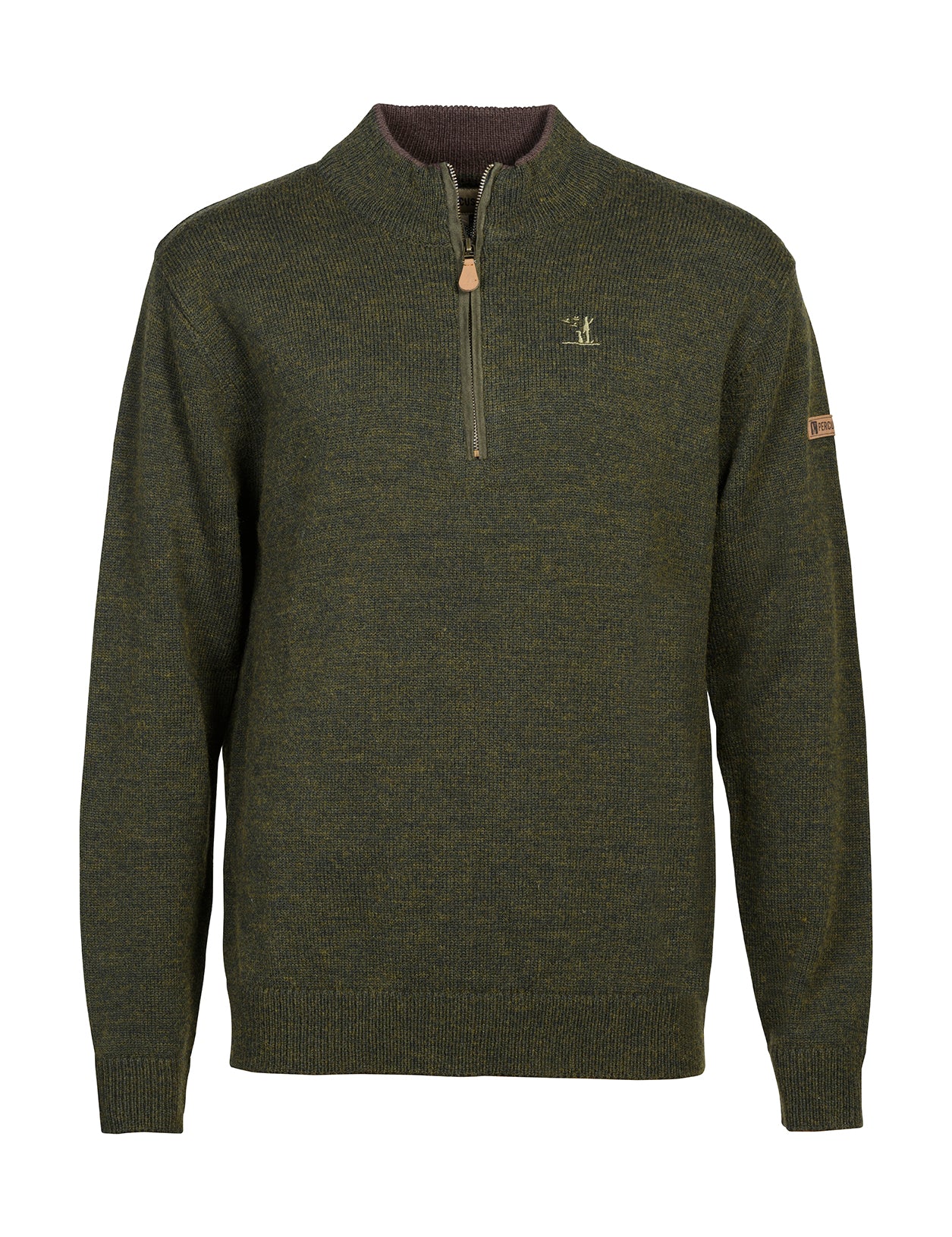 Front view of the Percussion Iceland Embroidered Zip-Neck Hunting Sweater with Icelandic knit pattern.