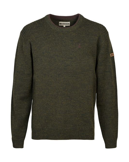 Khaki green Percussion Iceland crew neck pullover with embroidered chest detailing, styled over a country checked shirt.