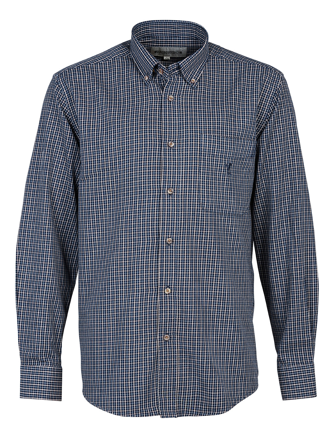 A navy blue Percussion Sussex men's long sleeve cotton shirt featuring subtle chest embroidery.