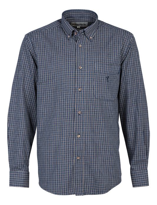 A navy blue Percussion Sussex men's long sleeve cotton shirt featuring subtle chest embroidery.