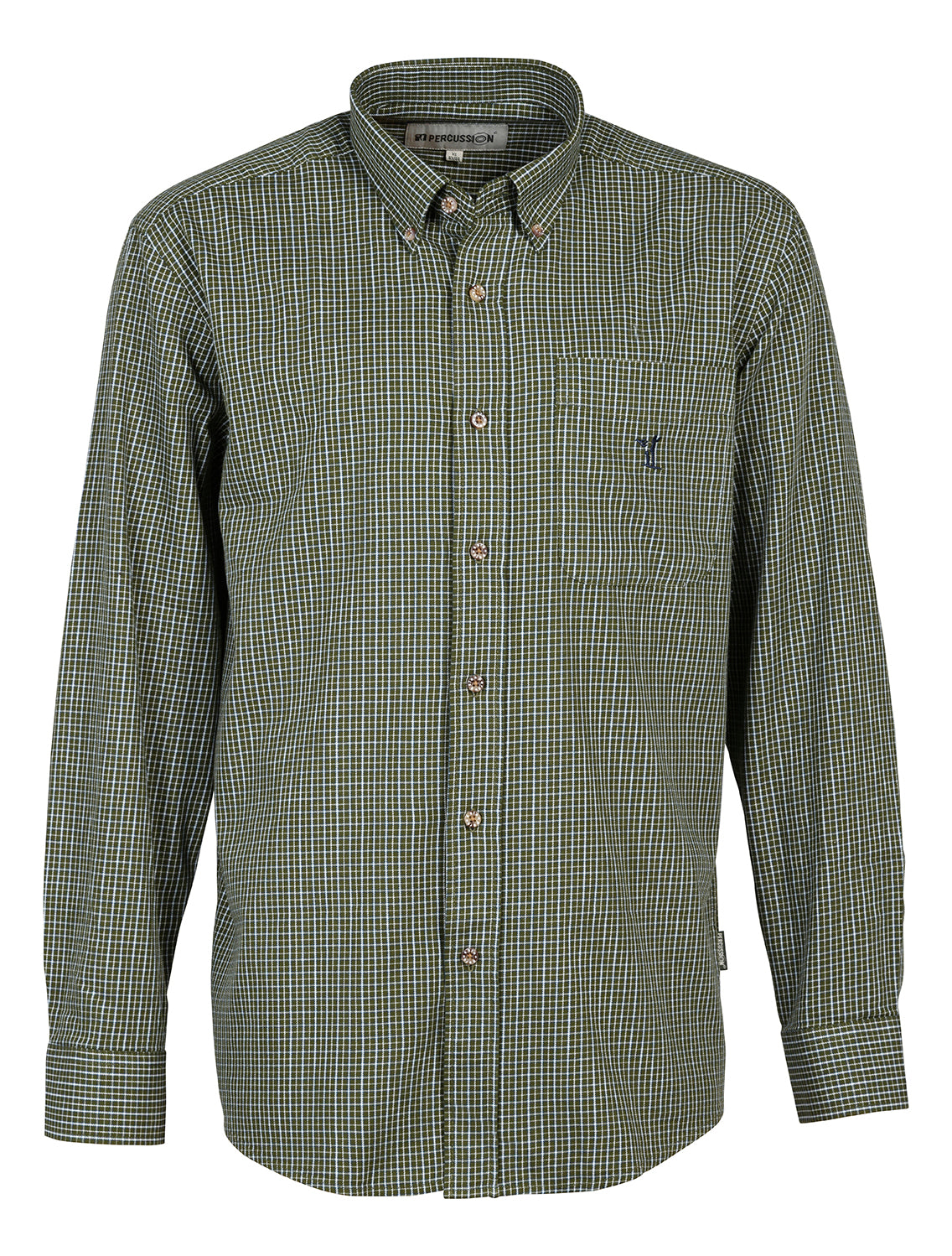 A men's Percussion Pembroke long sleeve cotton shirt in khaki, ideal for traditional country wear.
