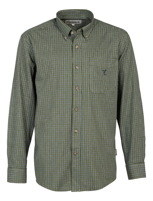A men's Percussion Pembroke long sleeve cotton shirt in khaki, ideal for traditional country wear.