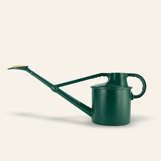 Haws The Cradley Cascader green metal watering can with brass rose and dual handles