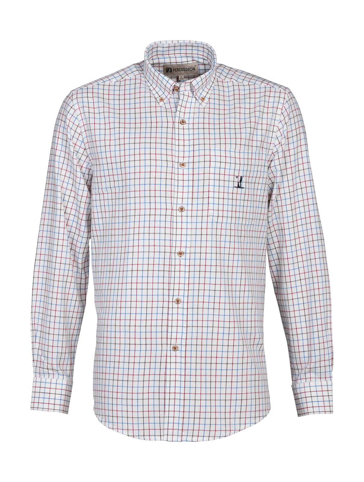 A men's Percussion Sandringham long sleeve cotton shirt featuring a traditional blue and red country check pattern.