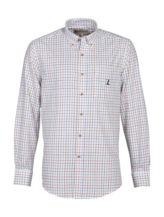 A men's Percussion Sandringham long sleeve cotton shirt featuring a traditional blue and red country check pattern.