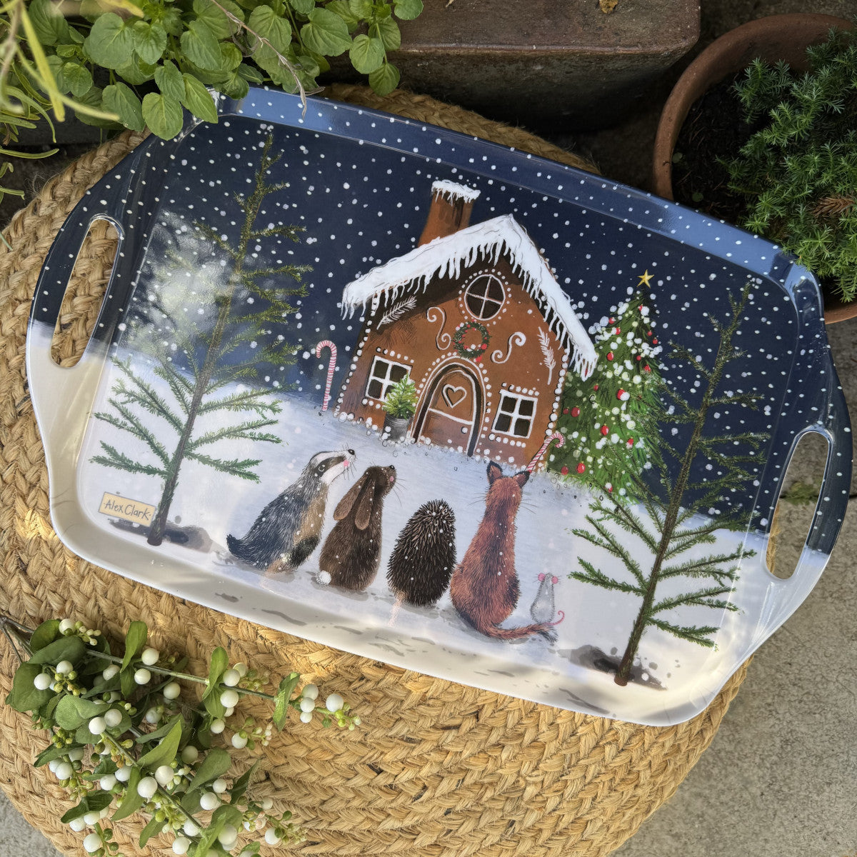 Alex Clark Gingerbread House large melamine serving tray featuring festive gingerbread illustrations