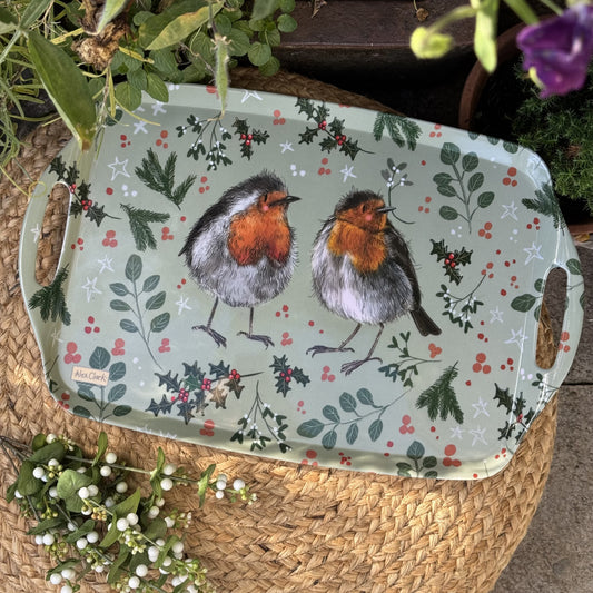 Alex Clark Christmas Robins large melamine serving tray featuring illustrated red robins