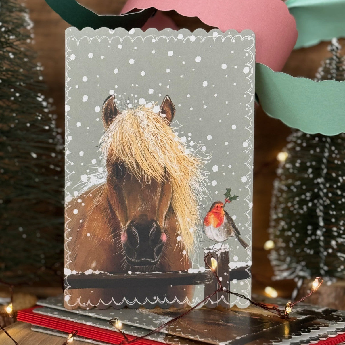 Alex Clark Horse and Robins Doodles Christmas card pack of 5 showing an illustrated festive horse scene with white envelopes.