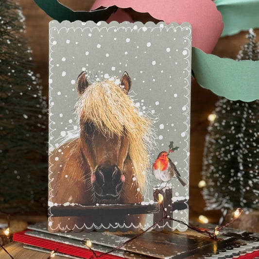 Alex Clark Horse and Robins Doodles Christmas card pack of 5 showing an illustrated festive horse scene with white envelopes.