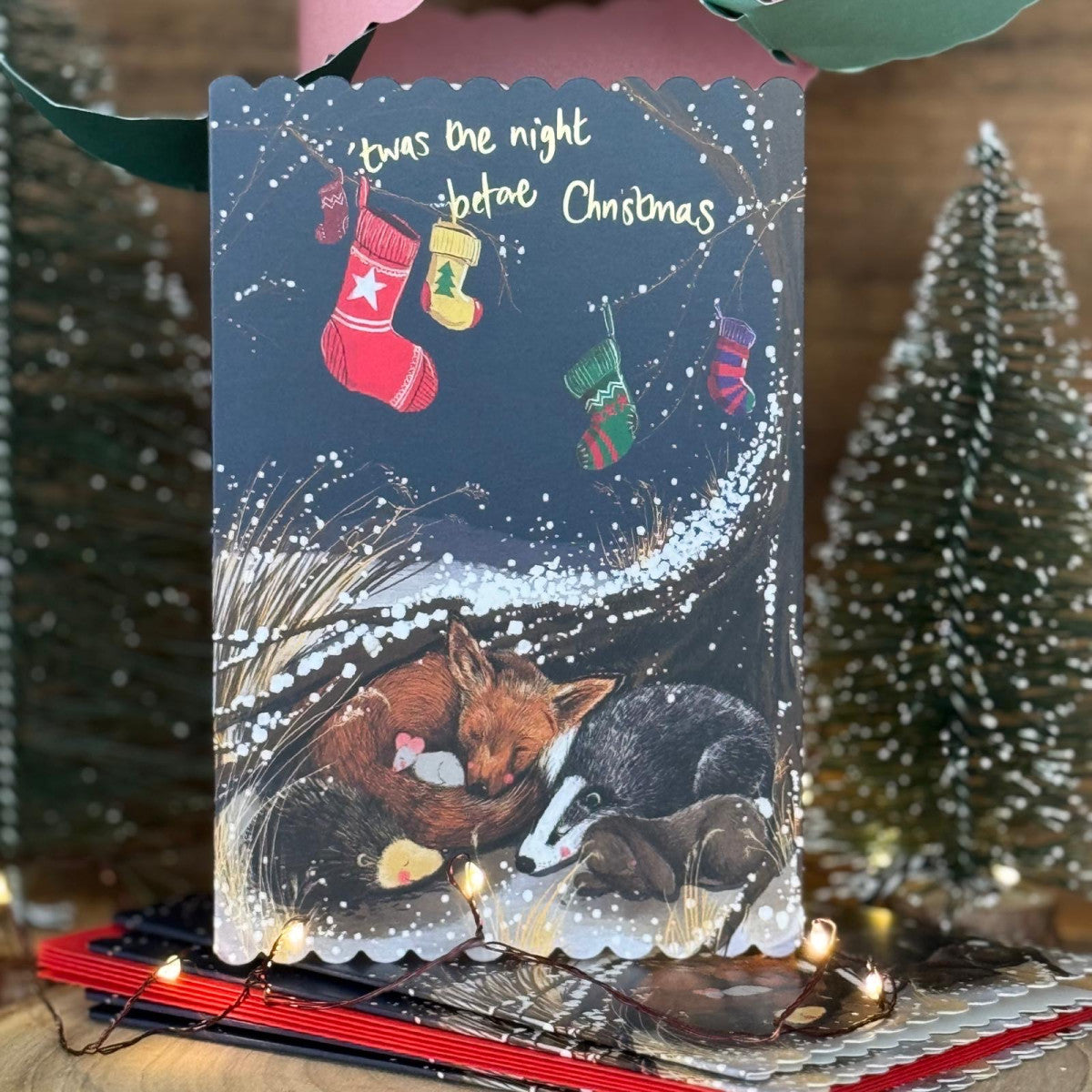 Alex Clark Night Before Christmas Doodles Christmas card pack of 5 showing an illustrated festive scene with white envelopes.