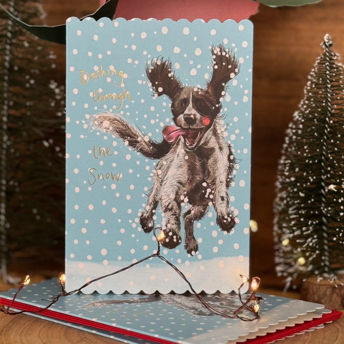 Alex Clark Spaniel In the Snow Doodles Christmas card pack of 5 showing an illustrated dog in a snowy scene with white envelopes.