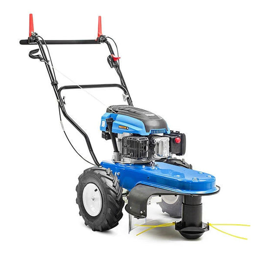 Hyundai HYFT60SP self propelled petrol wheeled grass trimmer with anti puncture tyres being used to clear thick weeds on a country estate.