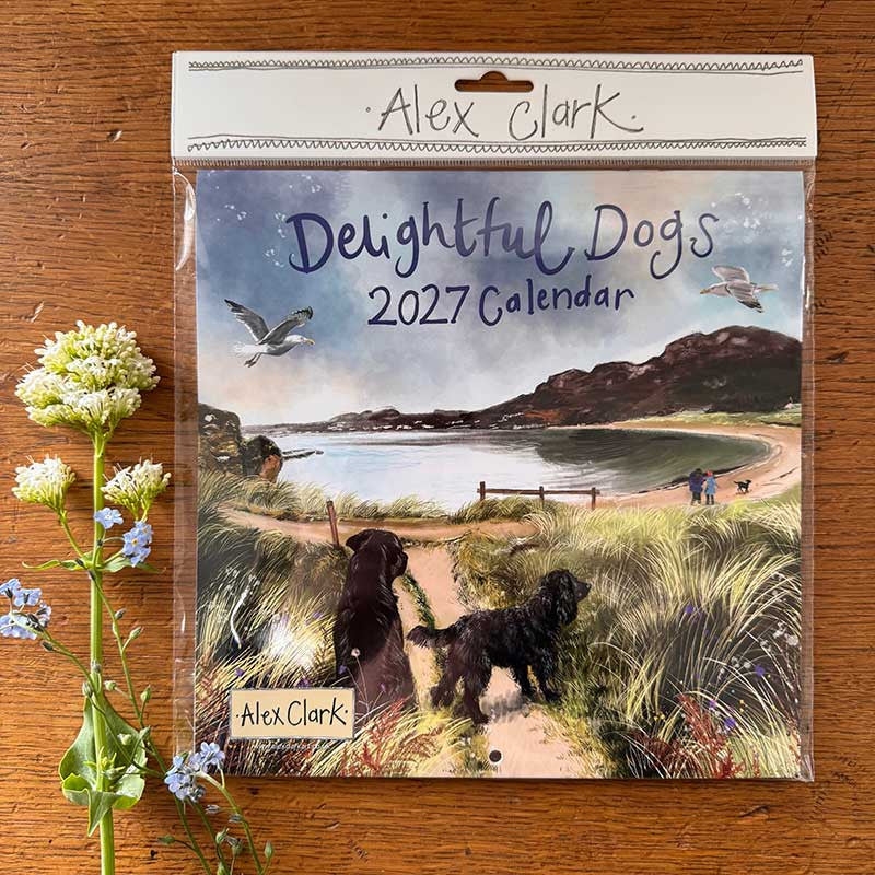 Alex Clark Delightful Dogs 2027 wall calendar featuring dog illustrations and monthly grid planner