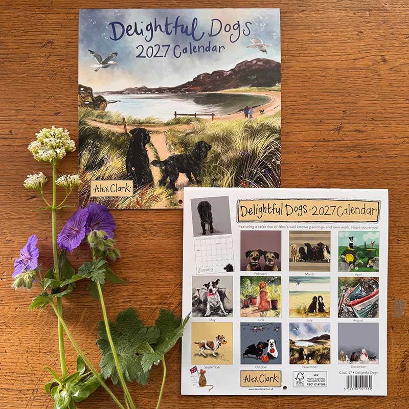 Alex Clark Delightful Dogs 2027 wall calendar featuring dog illustrations and monthly grid planner