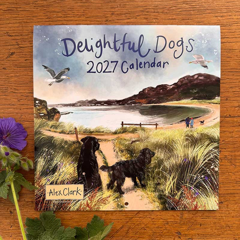 Alex Clark Delightful Dogs 2027 wall calendar featuring dog illustrations and monthly grid planner