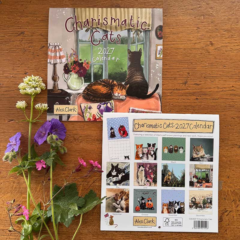 Alex Clark Charismatic Cats 2027 wall calendar featuring cat illustrations and monthly grid planner