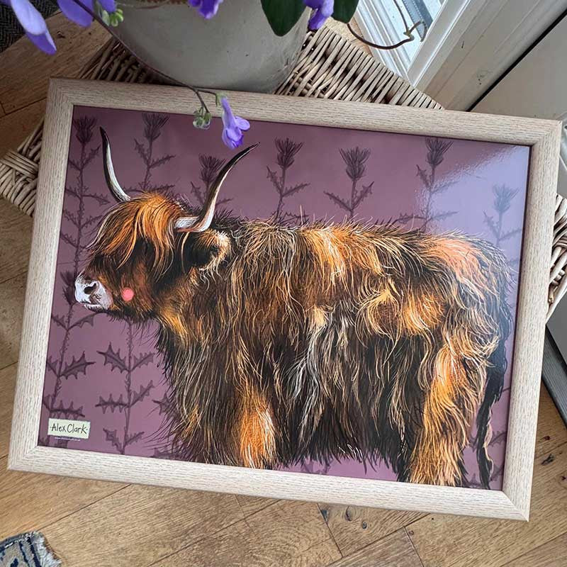 Alex Clark Highland Cow lap tray with cushioned base and countryside illustration