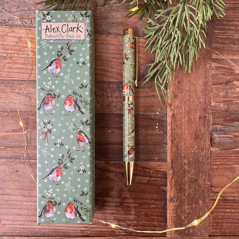 Alex Clark Robins & Holly Christmas ballpoint pen featuring festive robin and holly artwork