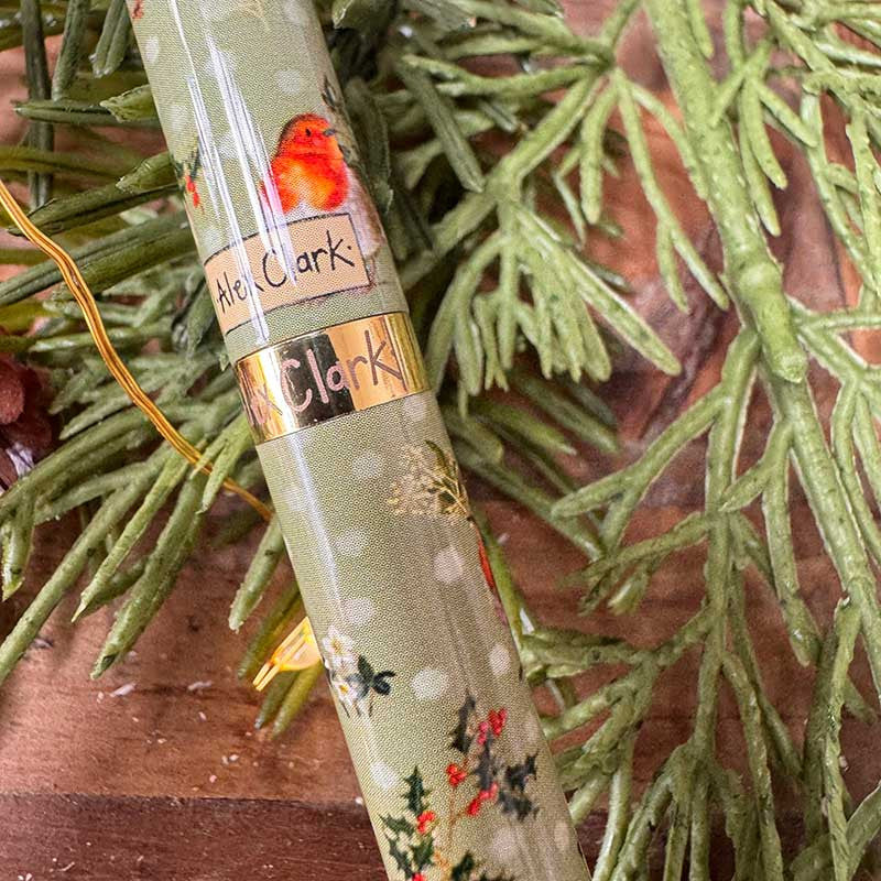Alex Clark Robins & Holly Christmas ballpoint pen featuring festive robin and holly artwork